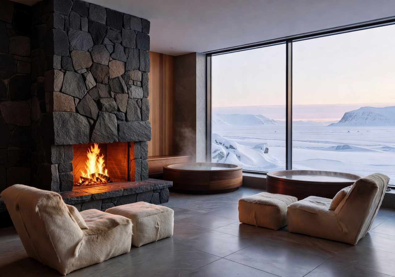 Arctic spa interior with fireplace