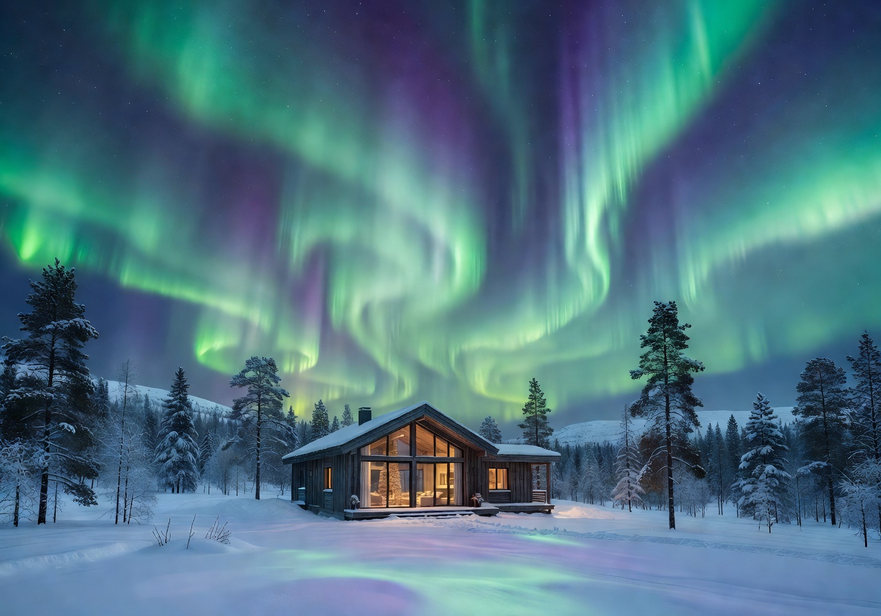 Aurora Borealis over Lapland luxury cabin