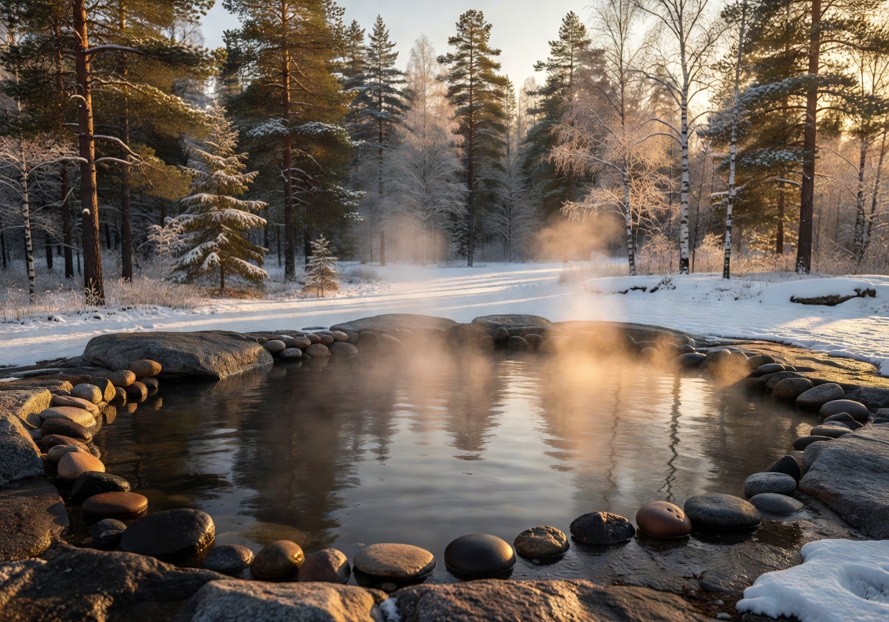 Heated outdoor thermal pool overlooking Finnish forest