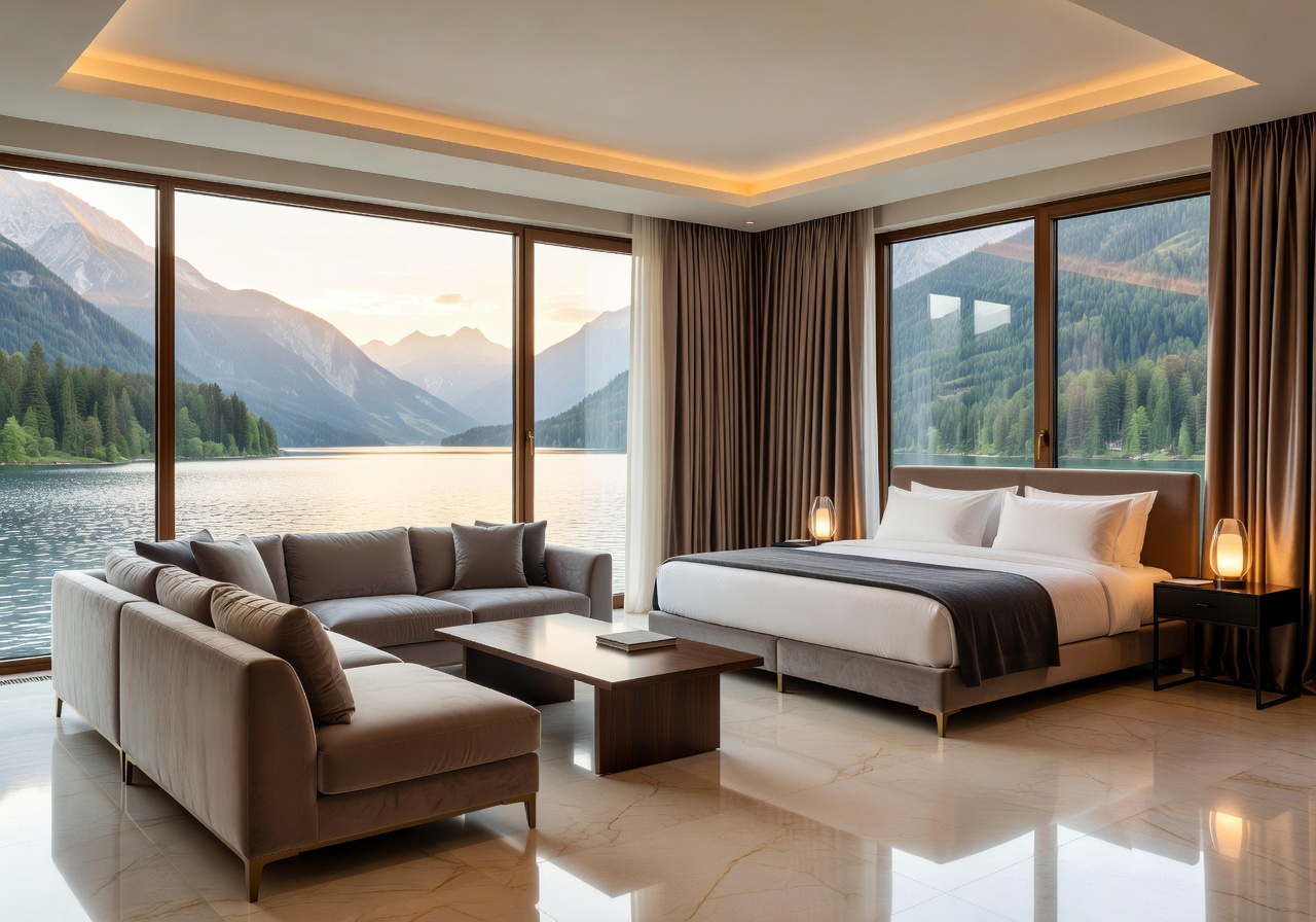 Luxury hotel suite with lake view