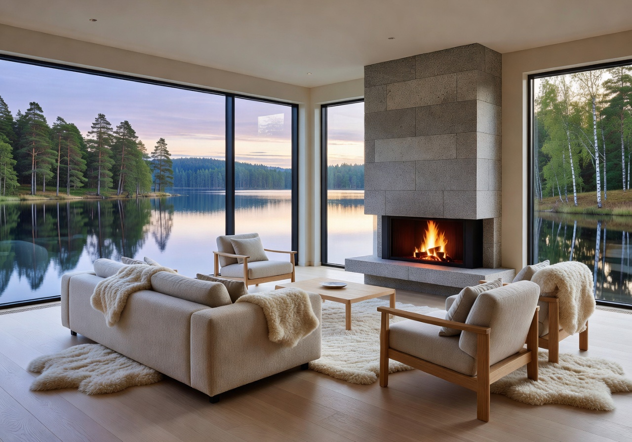 Luxury Nordic hotel interior with fireplace and lake view