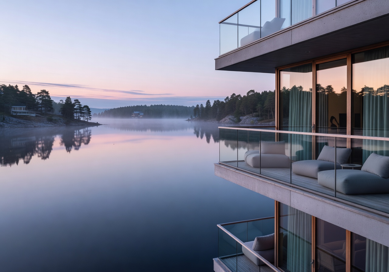 Quiet Nordic lake at dawn from luxury hotel
